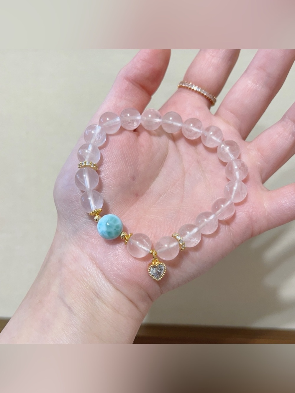Handmade Natural Larimar & Star Rose Quartz Bracelet | 9.5mm - Picture 7 of 11